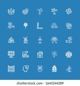 Editable 25 alternative icons for web and mobile. Set of alternative included icons line Windmill, Electric tower, Ecology, Hydro power, Solar panel, Eco, Electric car on blue background