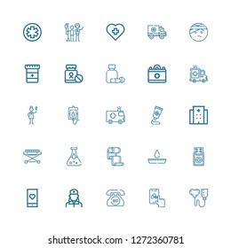 Editable 25 ambulance icons for web and mobile. Set of ambulance included icons line Blood donation, Pharmacy, Emergency call, Nurse, Medical app, Medicine on white background