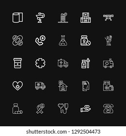 Editable 25 ambulance icons for web and mobile. Set of ambulance included icons line Emergency call, Medicine, Blood donation, Medicines, Health, Clinic, Ambulance on black background