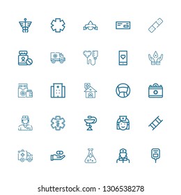 Editable 25 ambulance icons for web and mobile. Set of ambulance included icons line Saline, Nurse, Blood test, Medicine, Ambulance, Stretcher, Pharmacy, Medical on white background