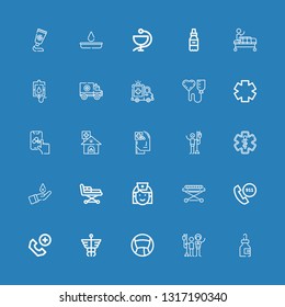 Editable 25 ambulance icons for web and mobile. Set of ambulance included icons line Medicine, Blood donation, Caduceus, Emergency call, Stretcher, Nurse, Pharmacy on blue background