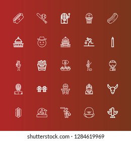 Editable 25 american icons for web and mobile. Set of american included icons line Eagle, Lasso, Wild west, Hotdog, Bull skull, Native american, Basketball, Brooklyn bridge on red