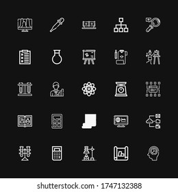 Editable 25 analysis icons for web and mobile. Set of analysis included icons line Statistics, Scheme, Chemical, Calculator, Tubes, Data, Monitoring, Startup on black background