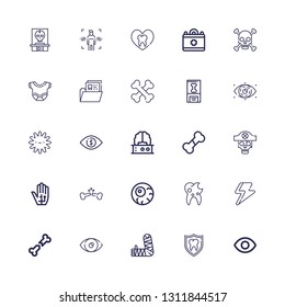 Editable 25 anatomy icons for web and mobile. Set of anatomy included icons line Eye, Tooth, Arm, Bone, Ray, Eyeball, Broken bone, Radiography, Skull, Brain on white background