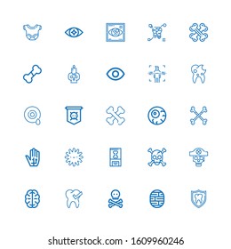 Editable 25 anatomy icons for web and mobile. Set of anatomy included icons line Tooth, Brain, Skull, Bone, Platelet, Radiography, Bones, Eyeball, Jolly roger on white background