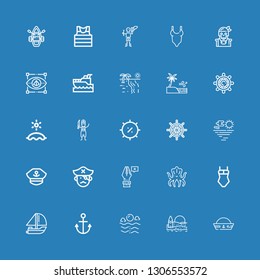 Editable 25 anchor icons for web and mobile. Set of anchor included icons line Sailor hat, Beach, Sea, Anchor, Yatch, Swimsuit, Kraken, point, Pirate on blue background