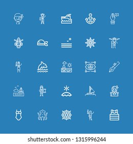 Editable 25 anchor icons for web and mobile. Set of anchor included icons line Sailor, Pirate, Helm, Kraken, Swimsuit, Sail, Beach, Sea, Anchor, Visual, Dolphin on blue background