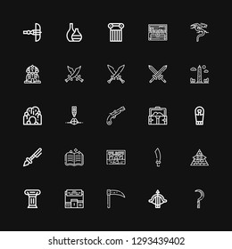 Editable 25 ancient icons for web and mobile. Set of ancient included icons line Scythe, Crossbow, Pedestal, Column, Pyramid, Sabre, Castle, Spellbook, Prehistoric on black background
