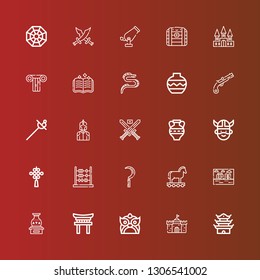 Editable 25 ancient icons for web and mobile. Set of ancient included icons line Pagoda, Castle, Dragon, Torii, Vase, Stonehenge, Trojan, Scythe, Abacus, Chinese knot, Viking on red