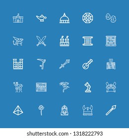 Editable 25 ancient icons for web and mobile. Set of ancient included icons line Spear, Viking, Native american, Mace, Pyramid, Samurai, Pharaoh, Dragon, Treasure on blue background