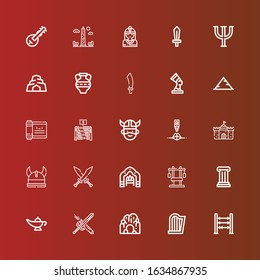 Editable 25 ancient icons for web and mobile. Set of ancient included icons line Abacus, Harp, Cave, Sword, Magic lamp, Column, Chest, Arch, Swords, Viking, Castle, Pyramid on red