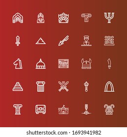 Editable 25 ancient icons for web and mobile. Set of ancient included icons line Lyre, Pyramid, Castle, Chest, Column, Gateway arch, Scepter, Swords, Sabre, Viking, Treasure on red