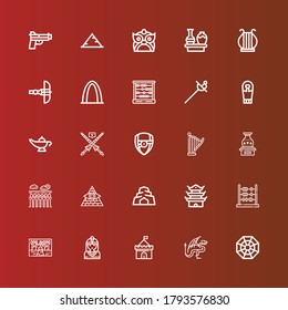 Editable 25 íconos antiguos para web y móvil. Conjunto de antiguos íconos incluidos línea Pagan, Dragon, Castle, Native american, Abacus, Pagoda, Cave, Pirámide, Segovia, Vase, Harp en rojo