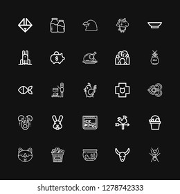 Editable 25 animal icons for web and mobile. Set of animal included icons line Ant, Bull skull, Fishbowl, Chicken, Dog, Fish, Vane, Aquarium, Rabbit, Egg, Thai on black background