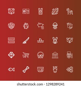 Editable 25 animal icons for web and mobile. Set of animal included icons line Thai, Horse, Fishbowl, Bone, Fish, Magician, Circus, Hamster ball, Dragon, Origami, Fox, Rabbit on red