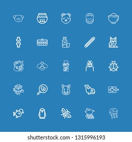 Editable 25 animal icons for web and mobile. Set of animal included icons line Jellyfish, Piggy bank, Moth, Penguin, Anglerfish, Fish, Orca, Boar, Fried egg on blue background