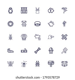 Editable 25 animal icons for web and mobile. Set of animal included icons line Hamster, Collar, Beetle, Owl, Butterfly, Honey, Egg, Bone, Tuna, Crocodile, Bacon on white background