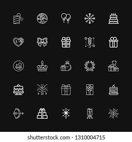 Editable 25 anniversary icons for web and mobile. Set of anniversary included icons line Firework, Wedding sign, Fireworks, Gift, Bow, Cake, Gift box, Gifts on black background