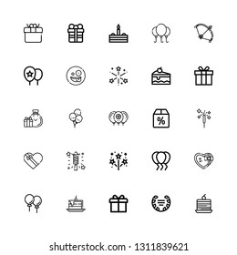 Editable 25 anniversary icons for web and mobile. Set of anniversary included icons line Cake, Laurel, Gift, Balloons, Firework, Fireworks, Gift box, Offer on white background