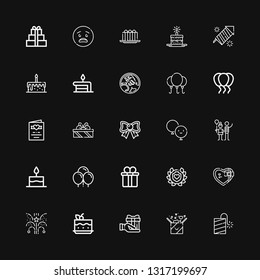Editable 25 anniversary icons for web and mobile. Set of anniversary included icons line Petard, Gift, Cake, Fireworks, Laurel, Gift box, Balloons, Balloon on black background