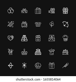 Iconos editables de 25 años para web y móvil. Juego de aniversario incluye íconos de línea Fireworks, Gift, Muffin, Bow, Cake, Balloon, Birthday Invitación, Boda con fondo negro