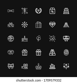 Editable 25 anniversary icons for web and mobile. Set of anniversary included icons line Firework, Cake, Gift, Bow, Gift box, Balloon, Balloons, Birthday cake on black background