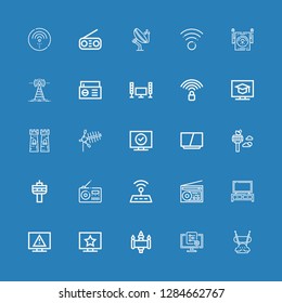 Editable 25 antenna icons for web and mobile. Set of antenna included icons line Antenna, Tv, Signal, Television, Radio, Wifi, Control tower, Tower, Wifi signal on blue background
