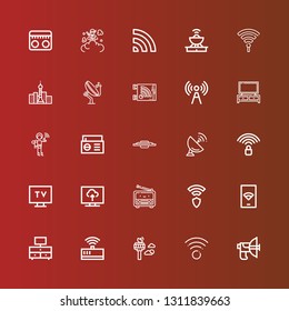 Editable 25 antenna icons for web and mobile. Set of antenna included icons line Parabolic, Wifi, Control tower, Modem, Television, Wireless, Radio, Tv, Wifi signal, Antenna on red
