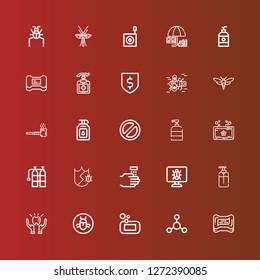 Editable 25 anti icons for web and mobile. Set of anti included icons line Soap, Bacterias, Bug, Protection, Malware, WASHING HANDS, Oxigen, Banned, Smoking pipe, Antiseptic on red