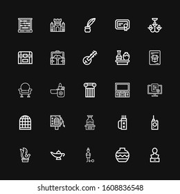 Editable 25 antique icons for web and mobile. Set of antique included icons line Sculpture, Vase, Guilt, Magic lamp, Bug detector, Quiver, Barrel organ, Bird cage on black background
