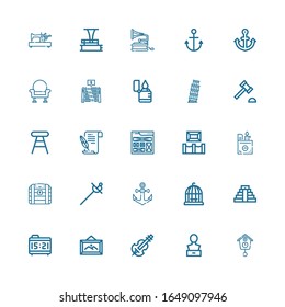 Editable 25 antique icons for web and mobile. Set of antique included icons line Cuckoo clock, Sculpture, Violin, Frame, Alarm clock, Chichen Itza, Bird cage on white background