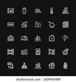 Editable 25 apartment icons for web and mobile. Set of apartment included icons line Building, House, Mortgage, Bunk bed, Hotel key, Real estate, Houses, Office building on black background