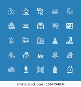 Editable 25 Apartment Icons For Web And Mobile. Set Of Apartment Included Icons Line Real Estate, Building, Bunk Bed, House, Skyscraper, Empire State, Blueprint On Blue Background