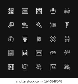 Editable 25 app icons for web and mobile. Set of app included icons line Chat bubble, Hotel signal, Search, Review, Video, Heartbreak, Mouse, Slider, Jpeg on black background