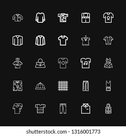 Editable 25 apparel icons for web and mobile. Set of apparel included icons line Jacket, Shirt, Jeans, Clothes, Trousers, Cloth, Winter hat, Shorts, Clothing on black background