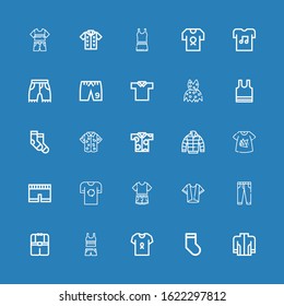 Editable 25 apparel icons for web and mobile. Set of apparel included icons line Jacket, Socks, Shirt, Clothes, Jeans, Short, Tshirt, Sleeveless, Clothing, Polo shirt on blue background