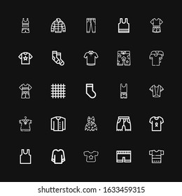 Editable 25 apparel icons for web and mobile. Set of apparel included icons line Shirt, Short, Sweatshirt, Sleeveless, Shorts, Clothing, Cardigan, Clothes on black background