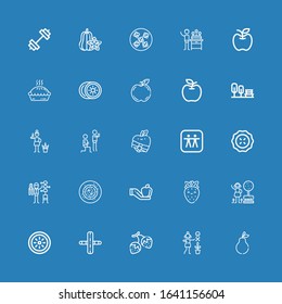 Editable 25 apple icons for web and mobile. Set of apple included icons line Pear, Gardener, Strawberry, Gym, Kiwi, Garden, Apple, Vegan food, Pie, Fitness on blue background