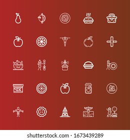 Editable 25 apple icons for web and mobile. Set of apple included icons line Garden, Fitness, Empire state, Pie, Vegan food, Nutrition, Apple, Kiwi, Fish food, Gardening on red