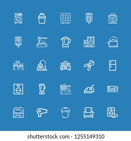 Editable 25 appliance icons for web and mobile. Set of appliance included icons line Washing machine, Toaster, Bucket, Hair dryer, Machine, Microwave oven, Iron on blue background