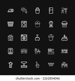 Editable 25 Appliance Icons For Web And Mobile. Set Of Appliance Included Icons Line Candle Making, Grate, Bucket, Geyser, Coffee Maker, Stove, Fryer, Burner On Black Background