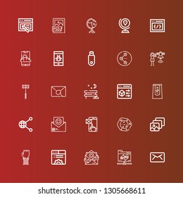 Editable 25 application icons for web and mobile. Set of application included icons line Email, Shared folder, Browser, Smartwatch, Cell, Smartphone, Share, Pack, Park on red