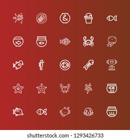 Editable 25 aquarium icons for web and mobile. Set of aquarium included icons line Fishbowl, Sea lion, Fish, Fish bowl, Coral, Crab, Starfish, Pet, Fish bone, Seahorse on red