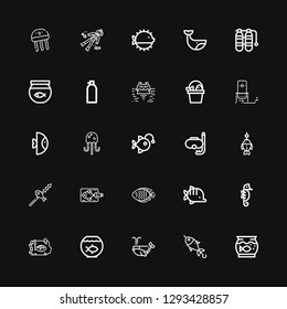 Editable 25 aquatic icons for web and mobile. Set of aquatic included icons line Aquarium, Fish, Whale, Fish bowl, Seahorse, Diving, Anglerfish, Jellyfish on black background