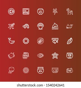 Editable 25 aquatic icons for web and mobile. Set of aquatic included icons line Fish, Fishbowl, Fish bowl, Sea urchin, Frog, Turtle, Oxygen, Seashell, Whale, Dolphin, Shell on red