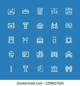 Editable 25 architectural icons for web and mobile. Set of architectural included icons line Bridge, Courthouse, Door, Architecture, National mall, Arch, Doors on blue background