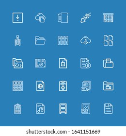 Editable 25 archive icons for web and mobile. Set of archive included icons line File, Psd file, Cabinet, Medical history, Folder, Pdf, Folders, Floppy disk on blue background