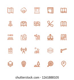 Editable 25 area icons for web and mobile. Set of area included icons line Parking, Crank arm, Rest area, Parking meter, Layer, Dimensions, Waiting room, Signal on white background