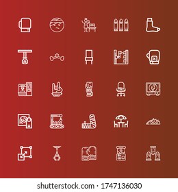 Editable 25 arm icons for web and mobile. Set of arm included icons line Bullets, Claw machine, Boxing gloves, Industrial robot, Stretching, Knuckle, Chairs, Arm, Robot on red