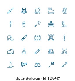 Editable 25 army icons for web and mobile. Set of army included icons line Sword, Boots, Gun, Boot, Swords, Tank, Knife, Knight, Bullets, Force, Weapon, Frappe on white background